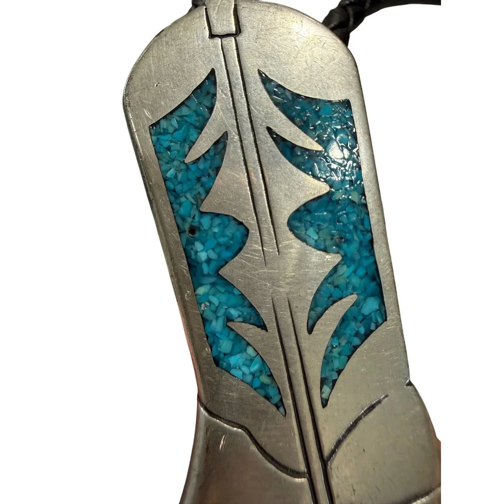 EGE Vintage Western Bolo Tie Cowboy Boot‎ Turquoise Inlay Silver Tone Black Cord